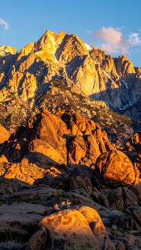 Golden hour illuminates dramatic mountain peaks and boulder-strewn landscape.