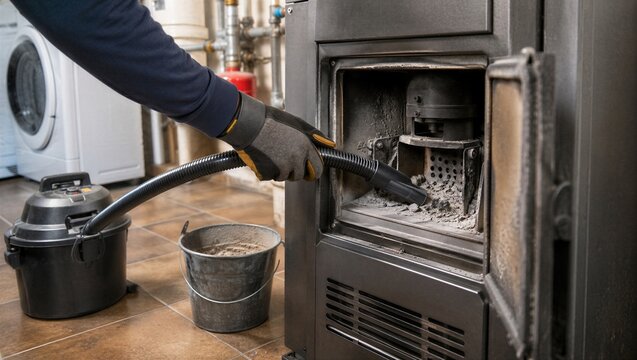 Man cleaning pellet stove ash with vacuum cleaner. Home maintenance of biomass heating equipment. Periodic burner care for safe and efficient boiler operation in residential room.