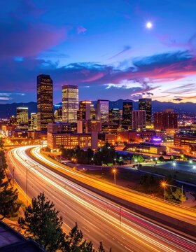 Cityscape at twilight with light trails from traffic on a highway.