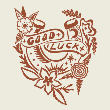 Minimalist vector logo featuring lucky horseshoe decorated with vibrant wildflowers and greenery in a charming cowboy western and folk style. A beautiful folk cowgirl completes the cheerful boho