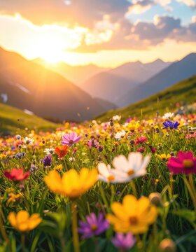 A vibrant field of wildflowers blooms at sunset with mountains in the background.
