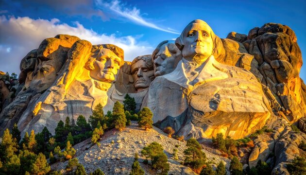 Mount Rushmore National Memorial bathed in golden hour light.