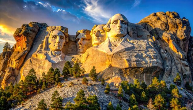 Mount Rushmore National Memorial in South Dakota at sunset.