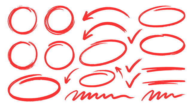 Red Hand Drawn Scribble Circles Ovals Arrows and Checkmarks Vector Set
