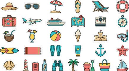 Summer Vacation Travel Icons Collection Featuring Beach Cruise Airplane Map Camera Cocktail Snorkeling and Holiday Essentials Vector Set © Shekhor studioBD