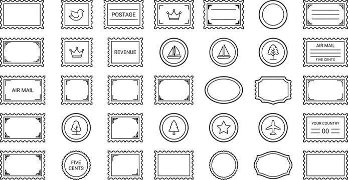 Vintage Postage Stamp Frames and Postal Seal Outline Icon Set Vector Collection