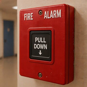 Red fire alarm pull down button on beige wall in hallway