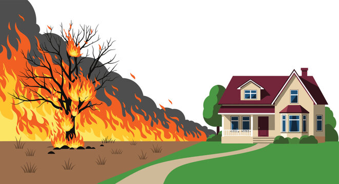 Residential house stands on green grass as a massive wildfire consumes nearby trees with thick black smoke and bright flames.