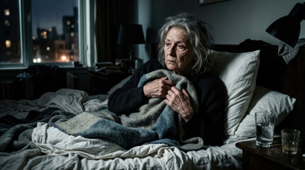 Fototapeta premium Elderly Woman Comforted By Blanket In Bed At Nightstock Photography
