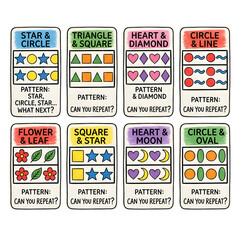 Naklejka premium Educational flash cards set with colorful shapes and patterns for children learning and games