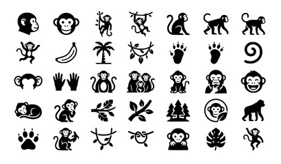 Monkey Icons Simple Black White Vector Collection Minimal Animal Illustration Set © MSTARIFA