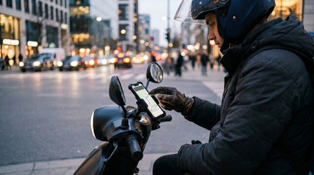 Delivery rider wearing a helmet checks his smartphone navigation map while riding a motorized electric scooter