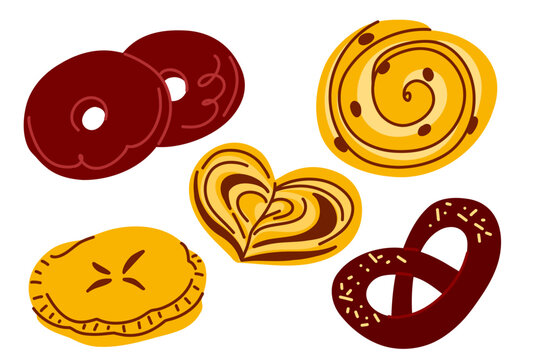 Hand Drawn Sweet Pastry Collection with Pie, Cinnamon Roll, Pretzel and Donut, Cozy Bakery Illustration in Warm Flat Style
