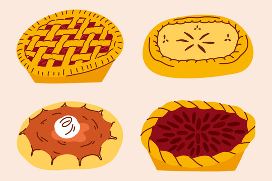 Hand Drawn Homemade Pie Collection with Lattice Pie, Berry Tart and Cottage Cheese Pastry, Cozy Bakery Illustration in Flat Style