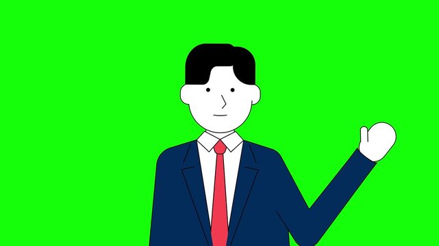 Flat Design Businessman Waving Hand Animation on Green Screen