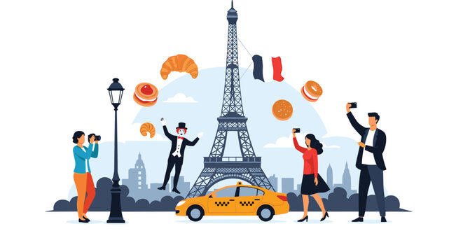 Paris tourism scene featuring the Eiffel Tower, French flag, a mime, a yellow taxi, and people taking photos of pastries.