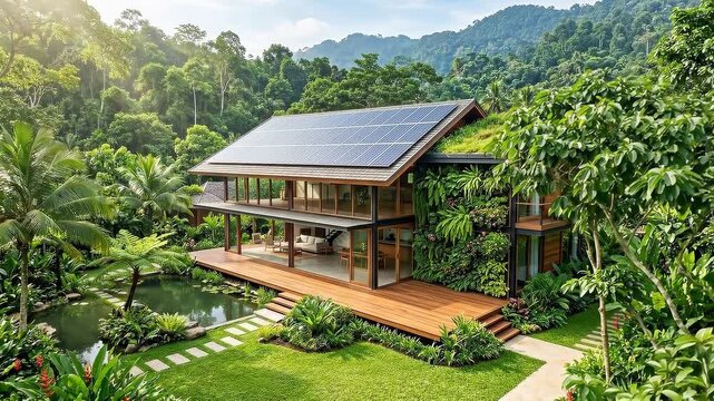 Modern eco-friendly house with solar panels installed on rooftop located in lush tropical garden with green vegetation