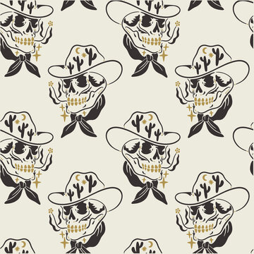 Minimalist One Line Skull in Cowboy Hat with Flowers Folk Vector Seamless Pattern