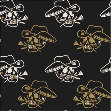 Minimalist One Line Skull in Cowboy Hat with Flowers Folk Vector Seamless Pattern