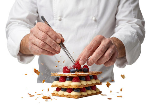 Chef decorating a berry mille-feuille pastry, transparent background