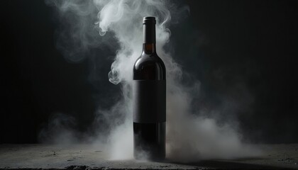 Obraz premium Elegant dark wine bottle stands on rough concrete surface surrounded by dense white smoke. Premium alcoholic beverage branding concept features minimalist glass container inside moody studio