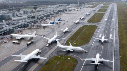Aerial view of a busy international airport apron with many commercial airplanes © FuturStockSolution 