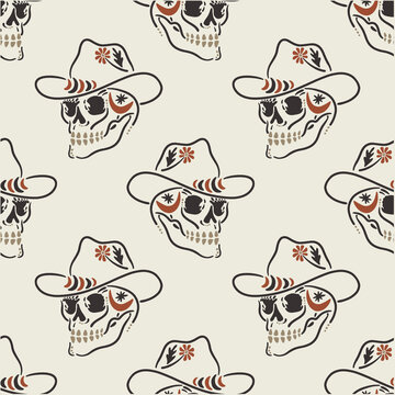 Minimalist One Line Skull in Cowboy Hat with Flowers Folk Vector Seamless Pattern