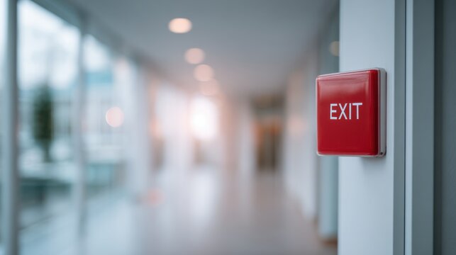 A red fire exit alarm sign is mounted on a security door in a corporate hallway. The sign features clean typography and emphasizes the importance of safety and exit instructions