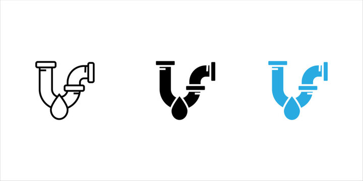Minimal black glyph icon of a leaking water pipe with a droplet, representing plumbing repair, pipe leakage, water maintenance, drainage systems, utilities, and home repair services. Isolated on a whi