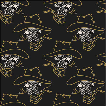 Minimalist One Line Skull in Cowboy Hat with Flowers Folk Vector Seamless Pattern