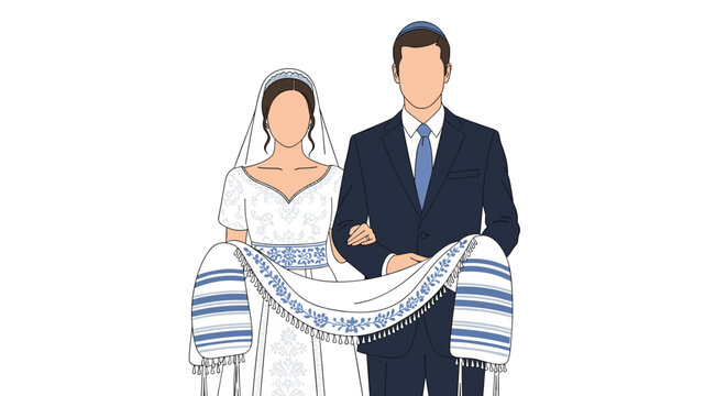 Jewish bride and groom during their wedding ceremony standing under a traditional white and blue tallit prayer shawl.