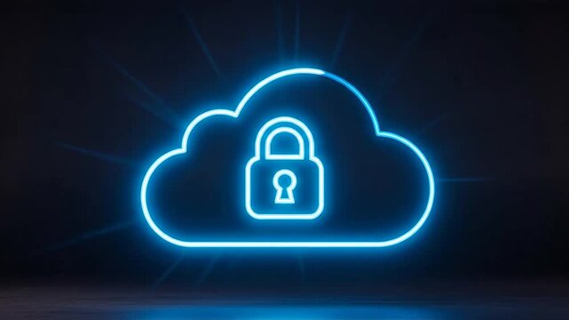 Blue neon cloud icon with padlock symbol