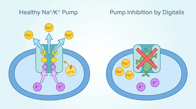 Sodium Potassium Pump Inhibition by Digitalis Versus Healthy Function Diagram