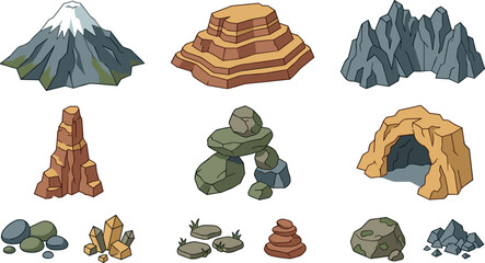 Isometric Mountain and Rock Formation Icon Set with Volcano, Canyon Mesa, Cave Entrance, and Crystal Elements for Video Game Map Designs © MARKNIS