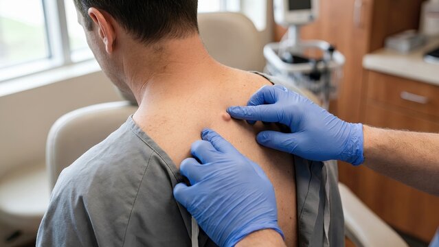 Doctor Examining Skin Lesion on Patient Back in Clinic