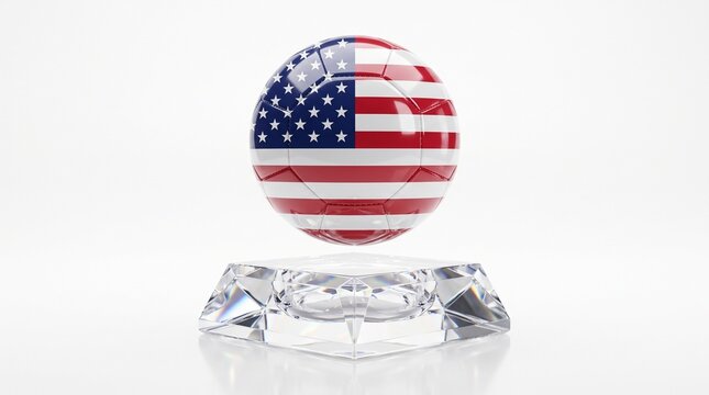 American flag sphere sits on crystal podium with clear base indoors
