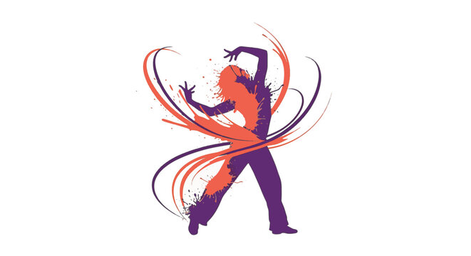 Abstract vector silhouette of a latin dancer in a dynamic hip-hop pose featuring orange and purple paint splashes and curved motion lines isolated on a white background.