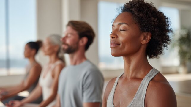 A diverse group of people is practicing yoga in a bright studio. They focus on synchronized breathing and slow movements while enjoying the natural light around them