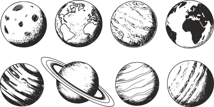 白い背景に孤立した、手書き風の惑星と天体のコレクション