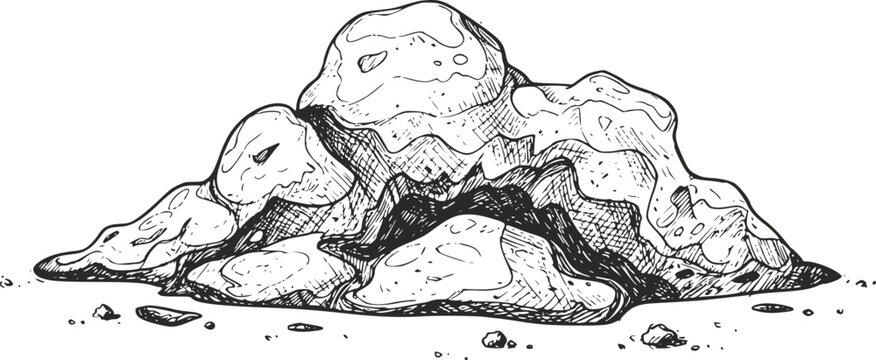 白い背景に孤立した、粗い岩や石の積み重ねの詳細な白黒インク画