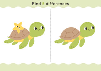 Cute sea turtle find five differences game for kids. Educational preschool puzzle with two marine animal that develops observation, attention and visual perception. Printable learning worksheet