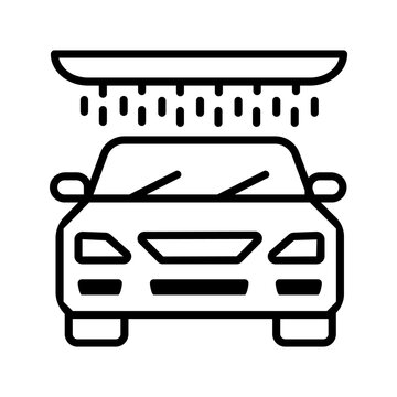 Solid black car wash service icon featuring a vehicle under water spray, suitable for automotive cleaning, maintenance, and transportation applications.