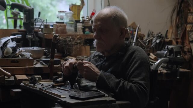 Elderly craftsman working in his old workshop, carefully restoring collectible Japanese bladed weapons