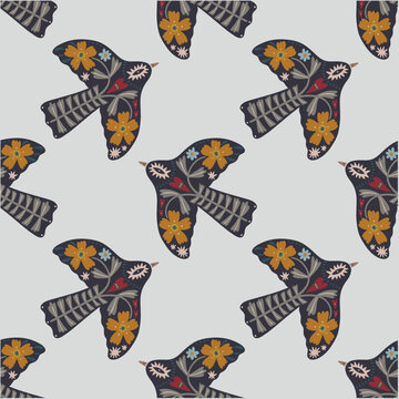 Scandinavian folk art seamless pattern with birds, nordic style floral vector background, ethnic woodland ornament, minimalist botanical textile design