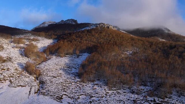 Aerial drone view of beech forests in the mountains of Burgos. Las Machorras, Pasiegos Valleys, Merindades, Burgos, Castile and Le&oacute;n, Spain, Europe