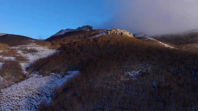 Aerial drone view of beech forests in the mountains of Burgos. Las Machorras, Pasiegos Valleys, Merindades, Burgos, Castile and Le&oacute;n, Spain, Europe
