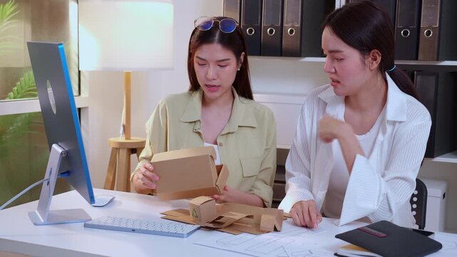 Two young asian businesswoman working packaging design with artificial intelligence software, team business woman planning cardboard box product design with ai, partnership creating brand at office.