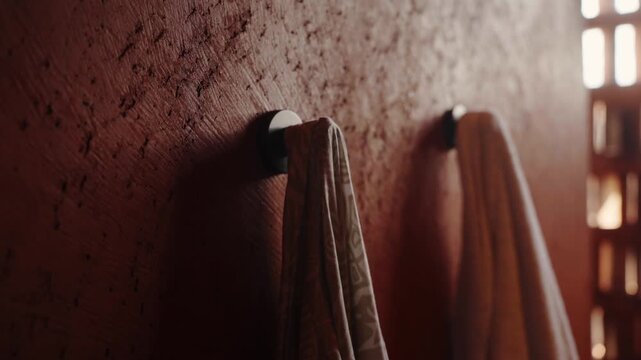 Woman hanging soft towel on hook in rustic bathroom