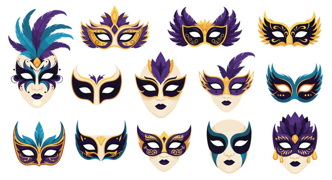 Assortment of elegant masquerade masks in various styles and colors featuring feathers and ornate patterns is perfect for a festive ball.