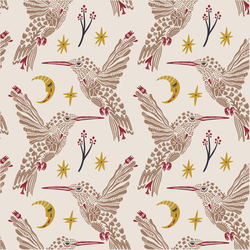 Minimalist mystical hummingbird vector with botanical elements, ornate crescent moon and wild flowers illustration, celestial bird line art, spiritual folk graphic design seamless pattern